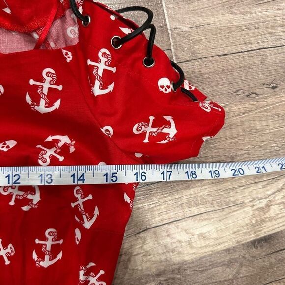 NWT Hot Topic Red Sailor Mini Dress Anchors & Skulls Medium Off Shoulder Lace Up - Picture 5 of 15